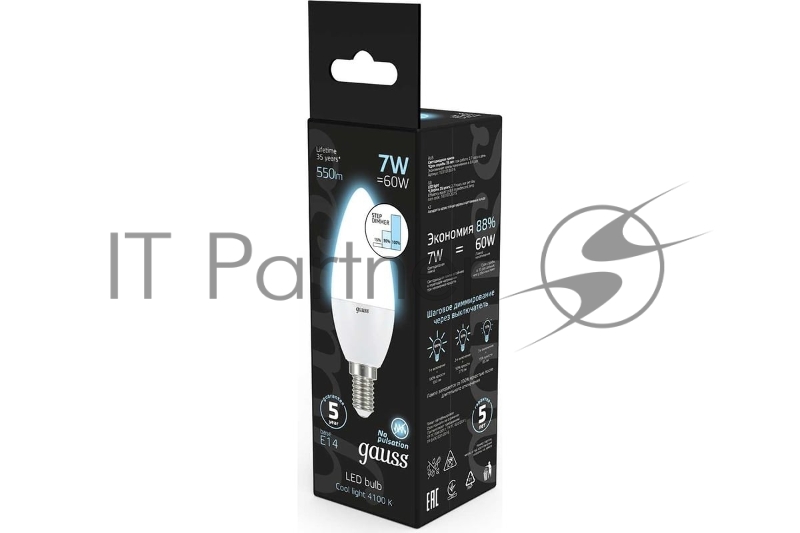 Лампа светодиодная LED Candle 7Вт E14 4100К step dimmable (диммир.) Gauss 103101207-S