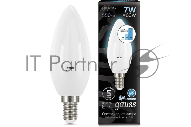 Лампа светодиодная LED Candle 7Вт E14 4100К step dimmable (диммир.) Gauss 103101207-S