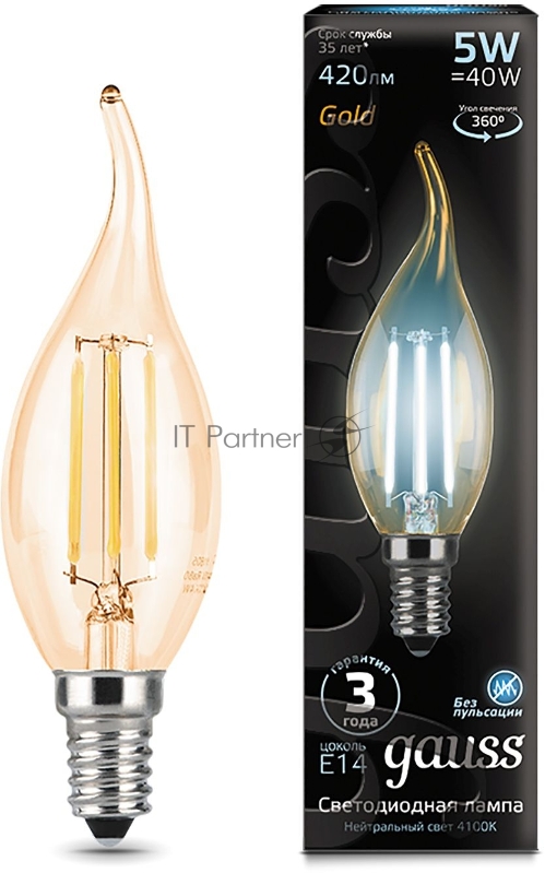 Лампа светодиодная Filament Свеча на ветру E14 5Вт 4100К Golden GAUSS 104801805