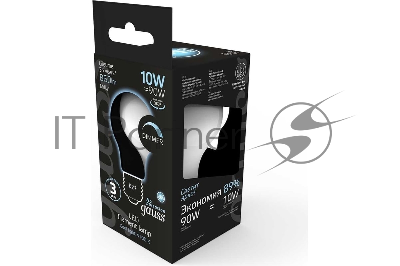 Лампа светодиодная Filament A60 E27 10Вт 4100К OPAL диммир GAUSS 102202210-D