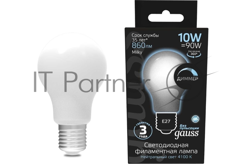 Лампа светодиодная Filament A60 E27 10Вт 4100К OPAL диммир GAUSS 102202210-D