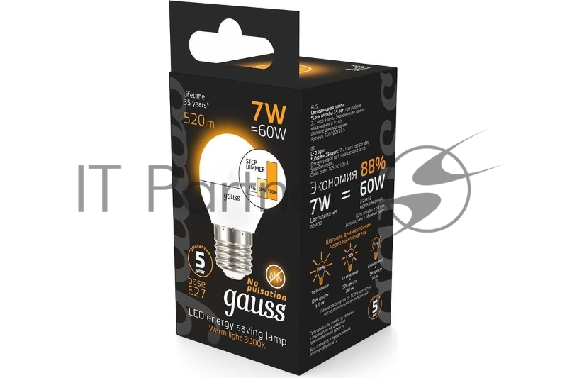 Лампа светодиодная LED Globe 7Вт E27 3000К step dimmable (диммир.) Gauss 105102107-S