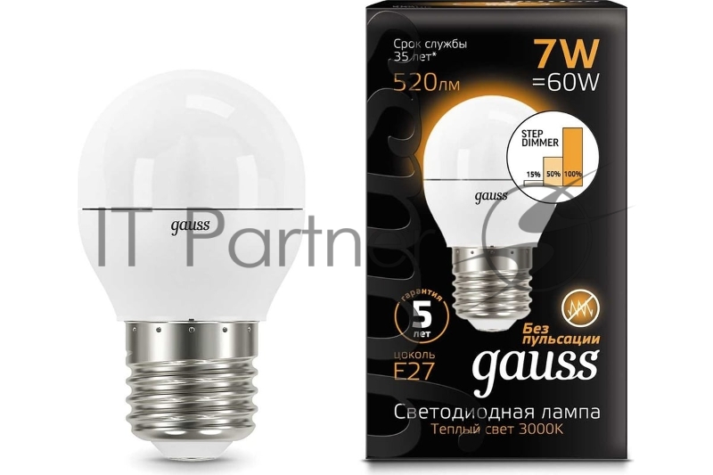 Лампа светодиодная LED Globe 7Вт E27 3000К step dimmable (диммир.) Gauss 105102107-S