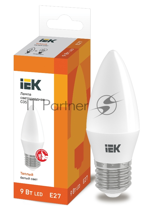 Лампа светодиодная LED 9Вт 230В 3000К E27 свеча | LLE-C35-9-230-30-E27 | IEK