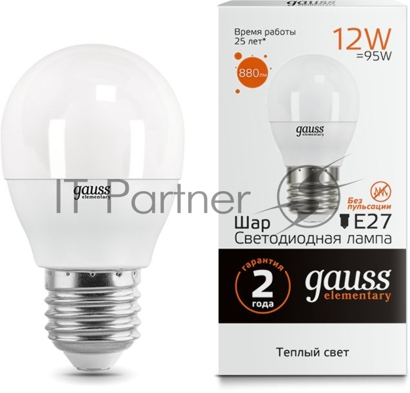 Лампа светодиодная Elementary Шар 12Вт 880лм E27 3000К Gauss 53212