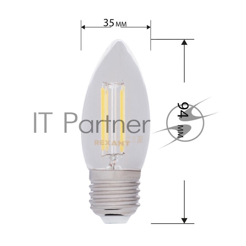 Лампа филаментная REXANT Свеча CN35 7.5 Вт 600 Лм 2700K E27 прозрачная колба