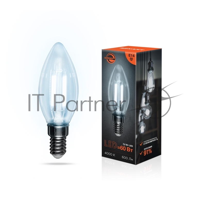 Лампа филаментная REXANT Свеча CN35 7.5 Вт 600 Лм 4000K E14 диммируемая, прозрачная колба