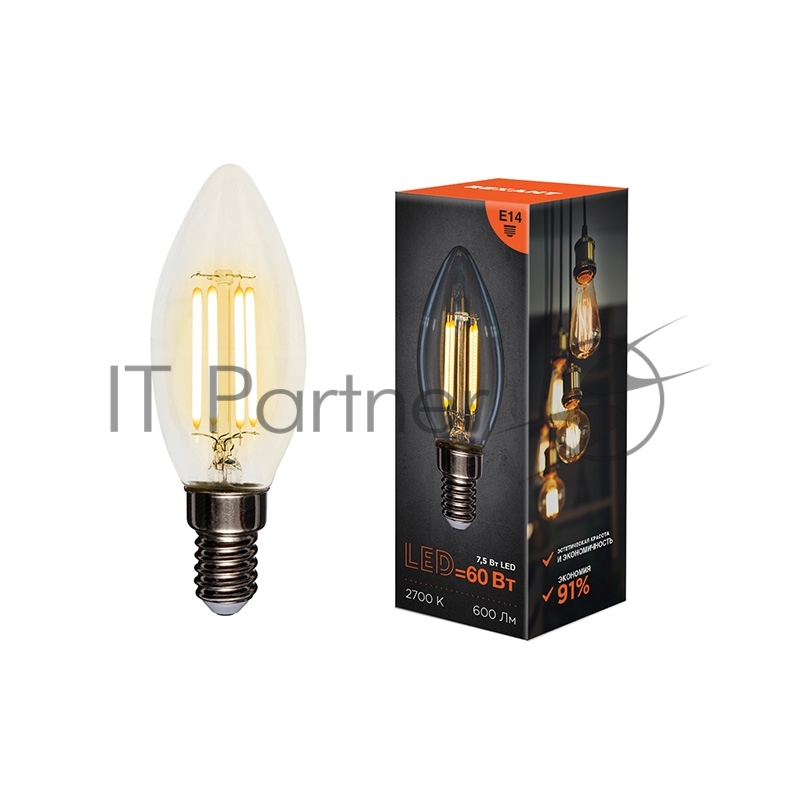 Лампа филаментная REXANT Свеча CN35 7.5 Вт 600 Лм 2700K E14 прозрачная колба