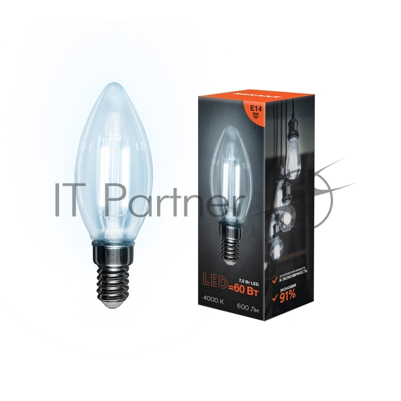 Лампа филаментная REXANT Свеча CN35 7.5 Вт 600 Лм 4000K E14 прозрачная колба