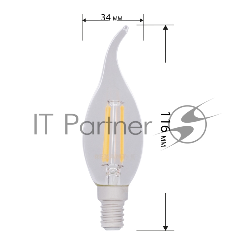 Лампа филаментная REXANT Свеча на ветру CN37 9.5 Вт 950 Лм 2700K E14 прозрачная колба