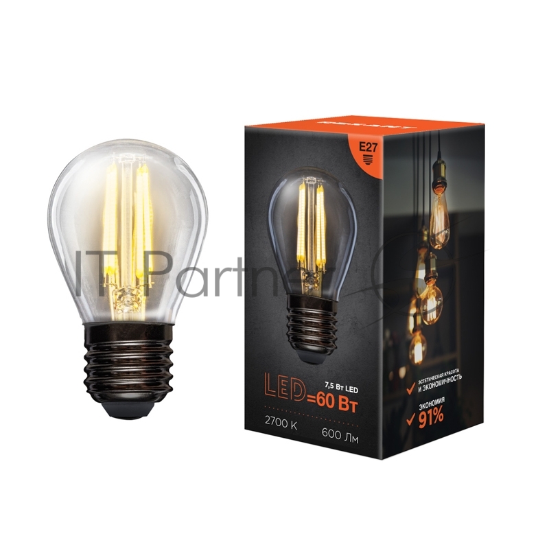 Лампа филаментная REXANT Шарик GL45 7.5 Вт 600 Лм 2700K E27 прозрачная колба