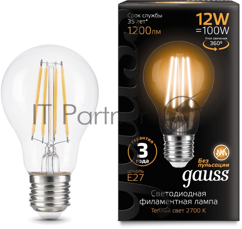 Лампа Gauss Filament А60 12W 1200lm 2700К Е27 LED 1/10/40