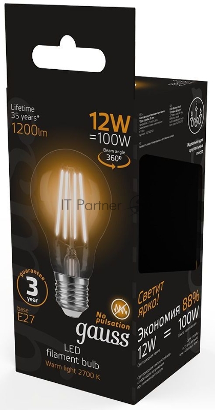 Лампа Gauss Filament А60 12W 1200lm 2700К Е27 LED 1/10/40
