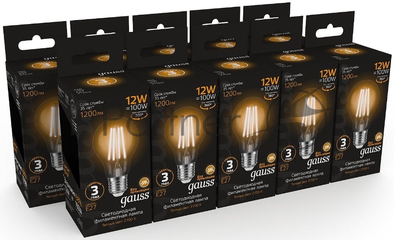 Лампа Gauss Filament А60 12W 1200lm 2700К Е27 LED 1/10/40