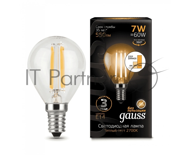 Лампа Gauss LED Filament Globe E14 7W 2700K step dimmable 1/10/50