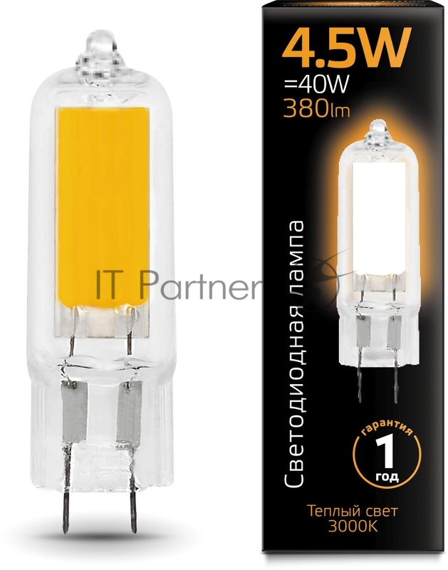 Лампа Gauss LED G4 AC220-240V 4.5W 3000K Glass 1/10/200