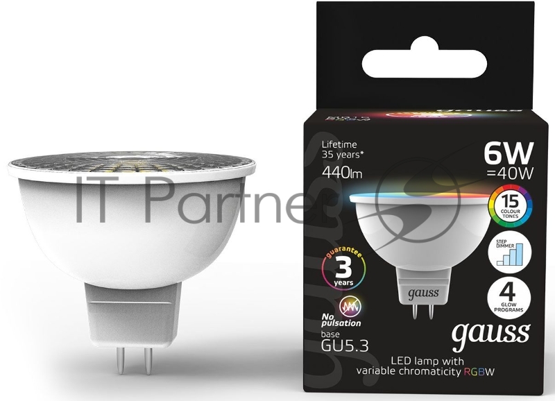 Лампа Gauss Smart MR16 6W GU5.3 RGBW+dim 1/10/100