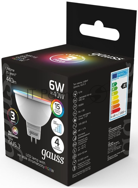 Лампа Gauss Smart MR16 6W GU5.3 RGBW+dim 1/10/100