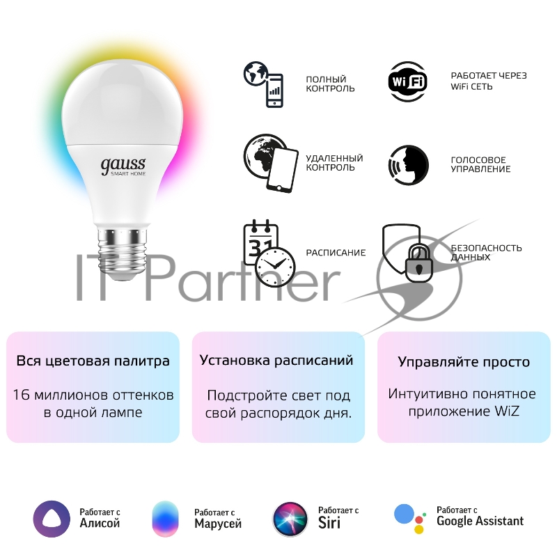 Лампа Светодиодная Gauss Smart Home RGBW E27 A60 10 Вт 2700-6500K 1/10/100