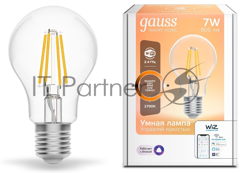 Лампа светодиодная филаментная Gauss Smart Home DIM E27 A60 7 Вт 1/10/40