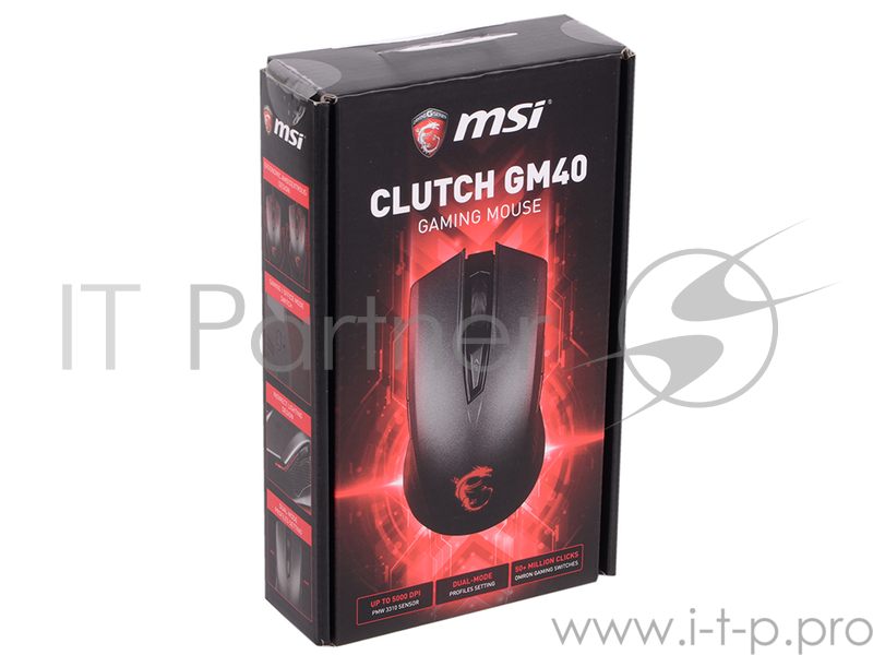 MSI Clutch GM40 BLACK Игровая мышь (8 кнопок, 5000 dpi, красная подсветка, USB, S12-0401340-D22)