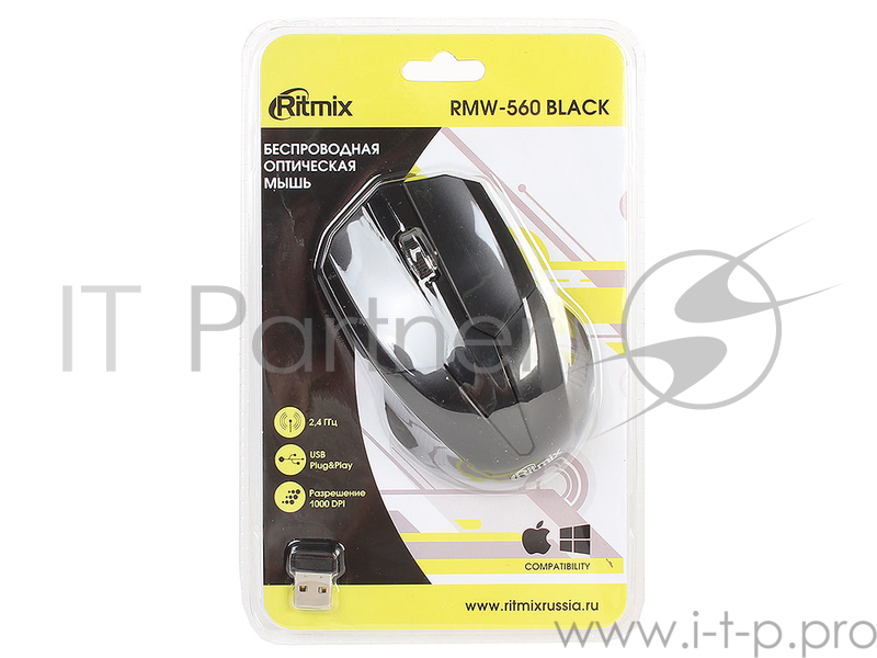 Мышь беспроводная Ritmix RMW-560 Black, 1000DPI, 2.4 Ггц, Кнопки: 3+1 колесо, радиус действия: 10 м.