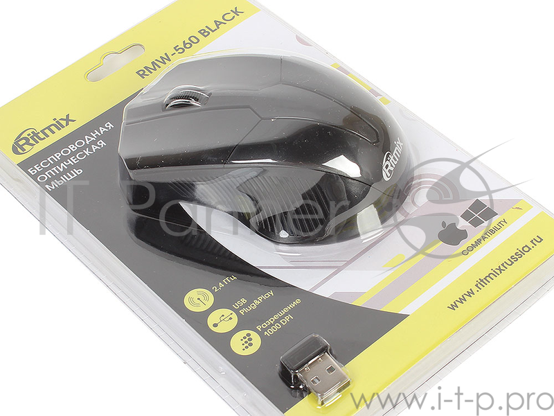 Мышь беспроводная Ritmix RMW-560 Black, 1000DPI, 2.4 Ггц, Кнопки: 3+1 колесо, радиус действия: 10 м.