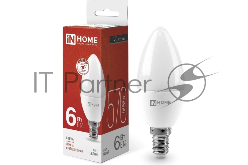 Лампа светодиодная LED-Свеча-VC 6Вт свеча 4000К нейтр. бел. E14 540лм 230В IN HOME 4690612020396