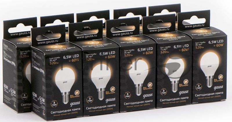 Лампа светодиодная Gauss 105101107 6.5Вт цок.:E14 шар 220B 3000K св.свеч.бел.теп. (упак.:10шт)