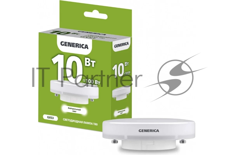 Лампа светодиодная T80 10Вт таблетка 4000К GX53 230В GENERICA LL-T80-10-230-40-GX53-G