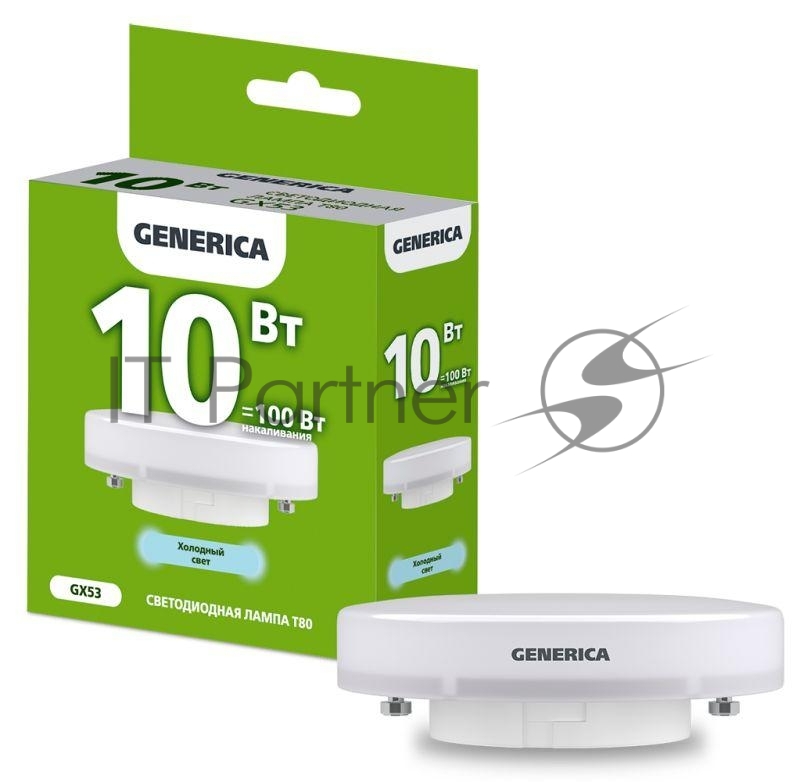 Лампа светодиодная T80 10Вт таблетка 6500К GX53 230В GENERICA LL-T80-10-230-65-GX53-G