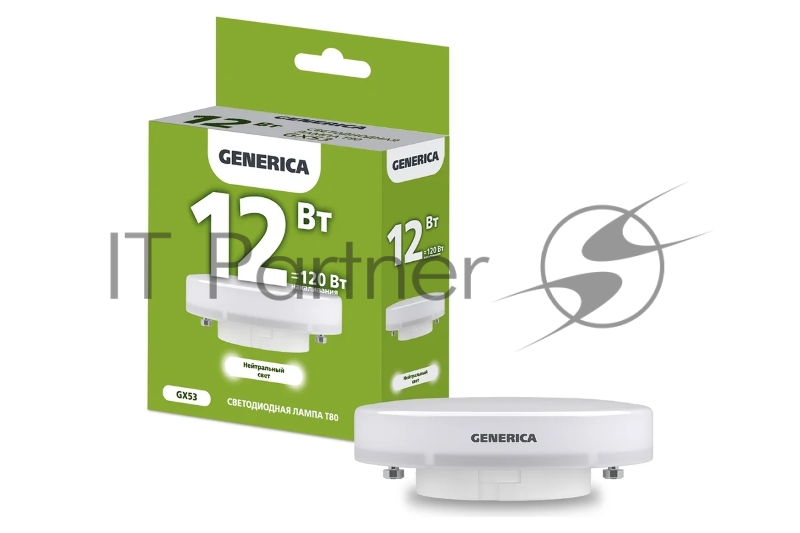 Лампа светодиодная T80 12Вт таблетка 4000К GX53 230В GENERICA LL-T80-12-230-40-GX53-G