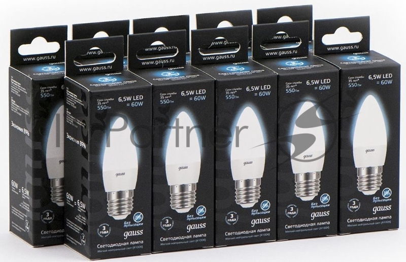 Лампа светодиодная Gauss 6.5Вт цок.:E27 свеча 220B 4100K св.свеч.бел.ней. (упак.:10шт) (103102207)