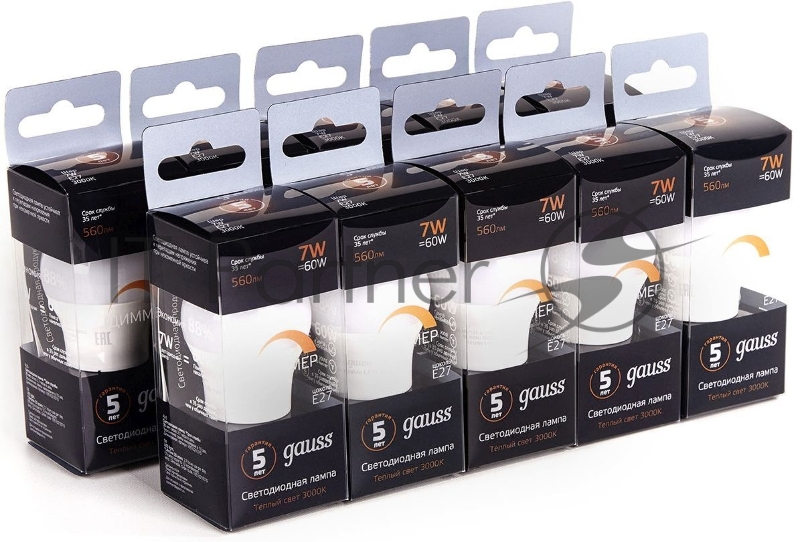 Лампа светодиодная Gauss 7Вт цок.:E27 шар 220B 3000K св.свеч.бел.теп. (упак.:10шт) (105102107-D)