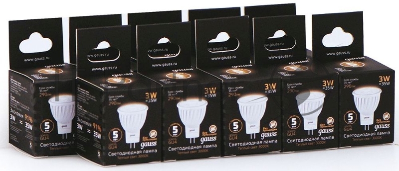 Лампа светодиодная Gauss Black 3Вт цок.:GU4 рефлектор 220B 2700K св.свеч.бел.теп. MR11 (упак.:10шт) (132517103)