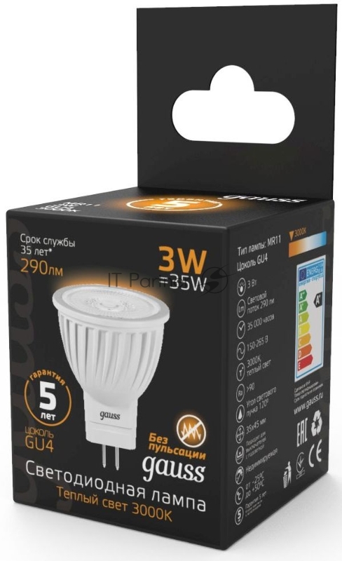 Лампа светодиодная Gauss Black 3Вт цок.:GU4 рефлектор 220B 2700K св.свеч.бел.теп. MR11 (упак.:10шт) (132517103)