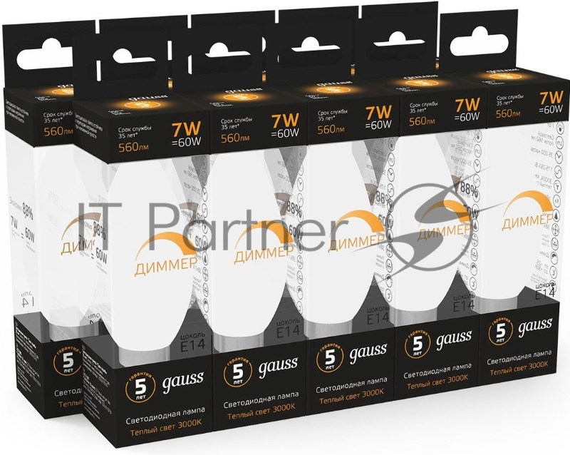 Лампа светодиодная Gauss E14 7Вт цок.:E14 свеча 220B 3000K св.свеч.бел.теп. C37 (упак.:10шт) (103101107-D)
