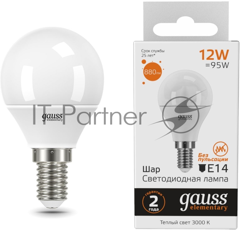 Лампа светодиодная Gauss Elementary 12Вт цок.:E14 шар 220B 3000K св.свеч.бел.теп. (упак.:10шт) (53112)