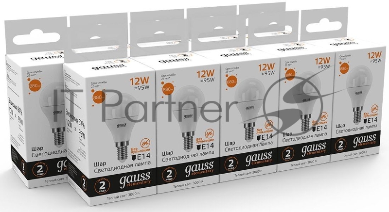 Лампа светодиодная Gauss Elementary 12Вт цок.:E14 шар 220B 3000K св.свеч.бел.теп. (упак.:10шт) (53112)