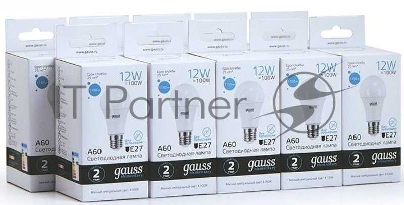 Лампа светодиодная Gauss Elementary 12Вт цок.:E27 груша 220B 4100K св.свеч.бел.ней. A60 (упак.:10шт) (23222)