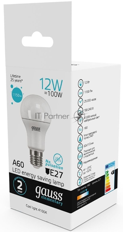 Лампа светодиодная Gauss Elementary 12Вт цок.:E27 груша 220B 4100K св.свеч.бел.ней. A60 (упак.:10шт) (23222)