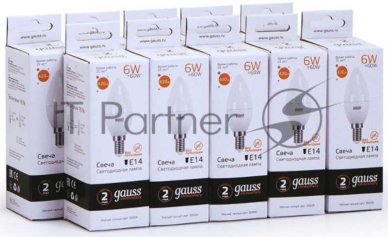 Лампа светодиодная Gauss Elementary 6Вт цок.:E14 свеча 220B 3000K св.свеч.бел.теп. C37 (упак.:10шт) (33116)