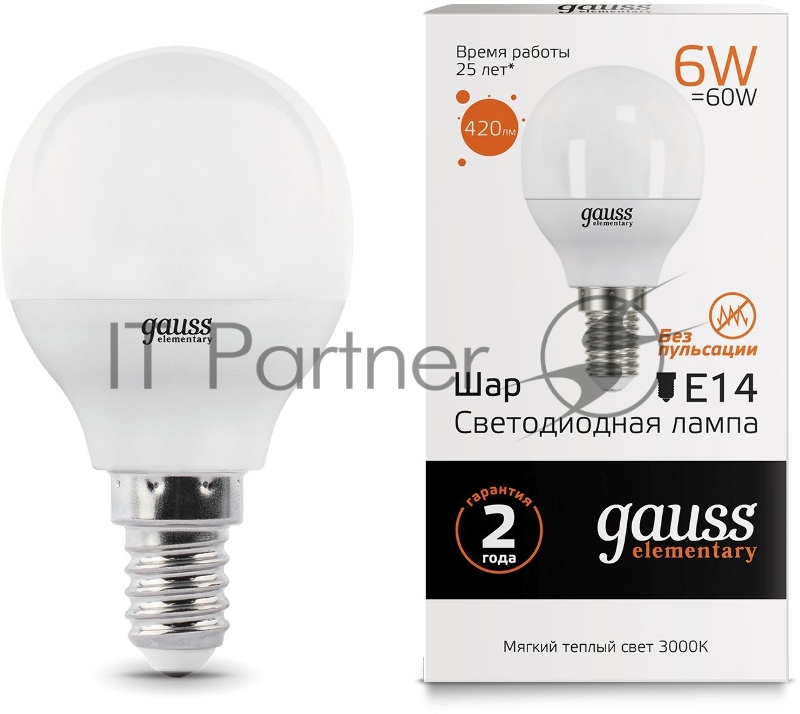 Лампа светодиодная Gauss Elementary 6Вт цок.:E14 шар 220B 3000K св.свеч.бел.теп. (упак.:10шт) (53116)