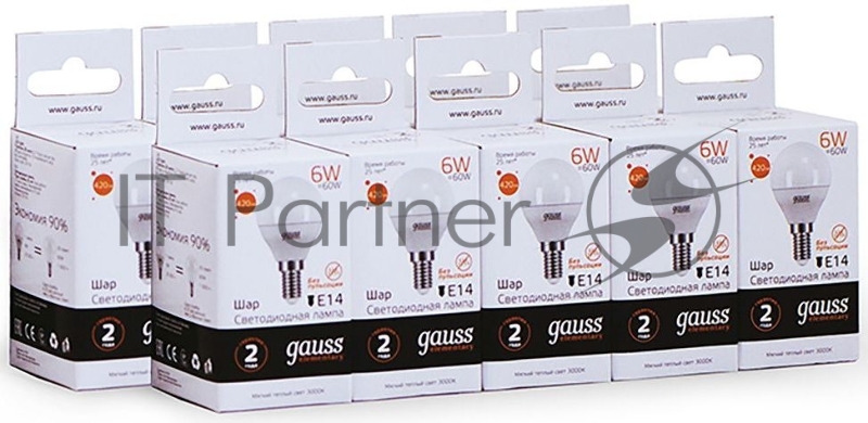 Лампа светодиодная Gauss Elementary 6Вт цок.:E14 шар 220B 3000K св.свеч.бел.теп. (упак.:10шт) (53116)