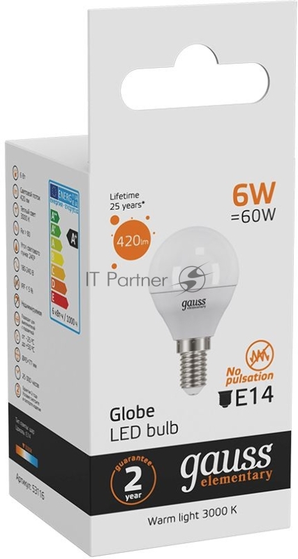 Лампа светодиодная Gauss Elementary 6Вт цок.:E14 шар 220B 3000K св.свеч.бел.теп. (упак.:10шт) (53116)