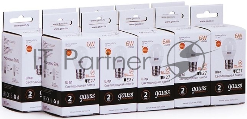 Лампа светодиодная Gauss Elementary 6Вт цок.:E27 шар 220B 3000K св.свеч.бел.теп. (упак.:10шт) (53216)