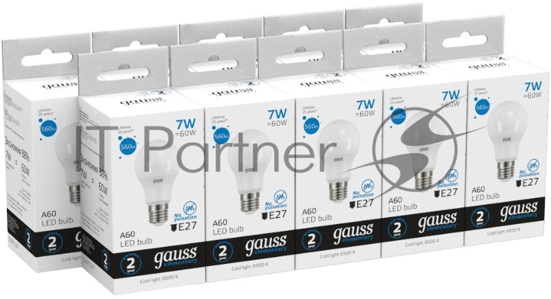 Лампа светодиодная Gauss Elementary 7Вт цок.:E27 груша 220B 6500K св.свеч.бел.хол. A60 (упак.:10шт) (23237A)