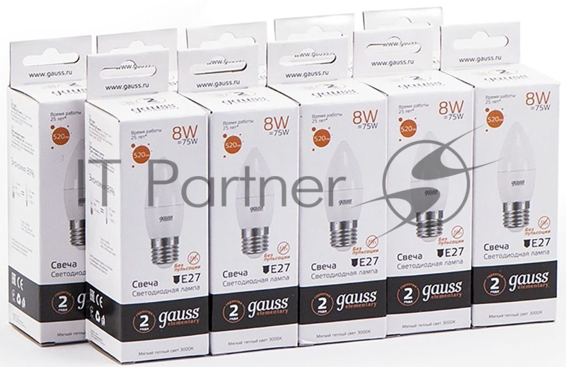Лампа светодиодная Gauss Elementary 8Вт цок.:E27 свеча 220B 3000K св.свеч.бел.теп. C37 (упак.:10шт) (33218)