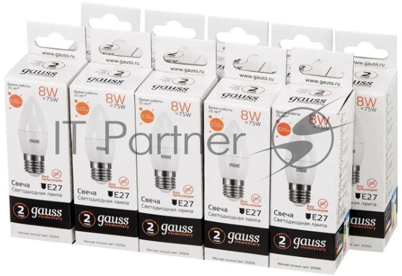 Лампа светодиодная Gauss Elementary 8Вт цок.:E27 свеча 220B 3000K св.свеч.бел.теп. C37 (упак.:10шт) (33218)