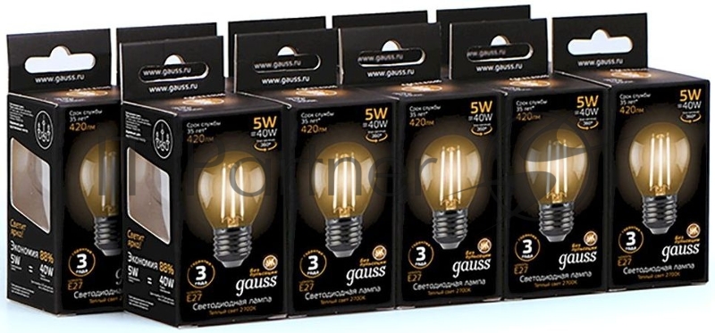 Лампа филам. Gauss 5Вт цок.:E27 шар 220B 2700K св.свеч.бел.теп. G45 (упак.:10шт) (105802105)